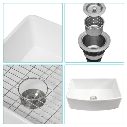 Ceramic Farmhouse Sink, Apron Front Single Bowl With Arch Edge
