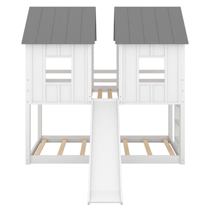 Twin Over Twin House Bunk Bed With Slide And Windows - White / Gray