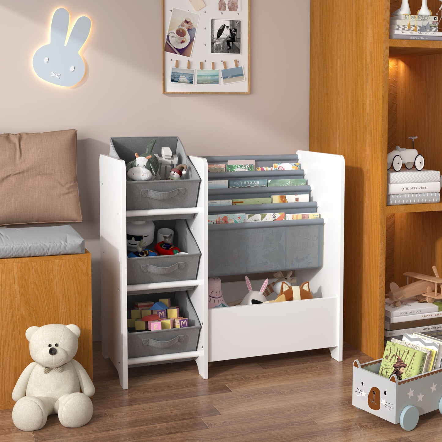 Bookshelf And Toy Storage Organizer, Multifunctional 4 Tier With 3 Collapsible Drawers - White