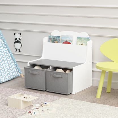 Bookshelf With Storage Bins, Bookcase With Book Display Shelf And 2 Bins, Cute Bear Shaped Backboard, Toy Organizer - White