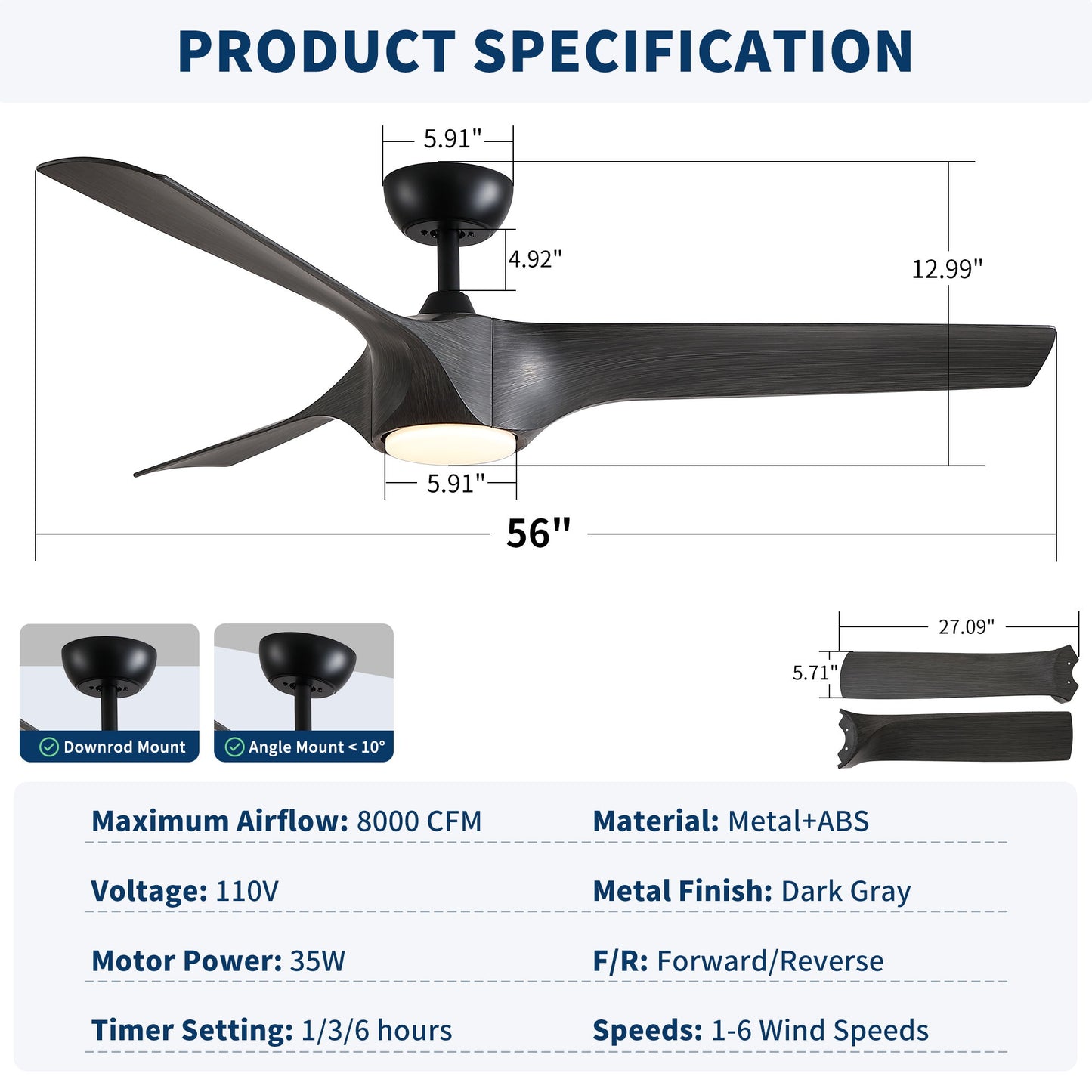 Reversible Quiet Motor Ceiling Fan Light With ABS Blades - Black / Gray