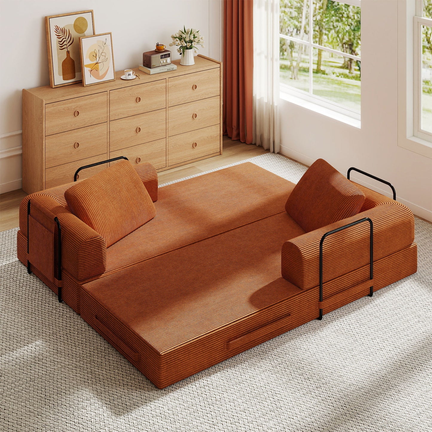 Convertible Sleeper Sofa Bed With Cylindrical Pillow, Fixed Shape Frame