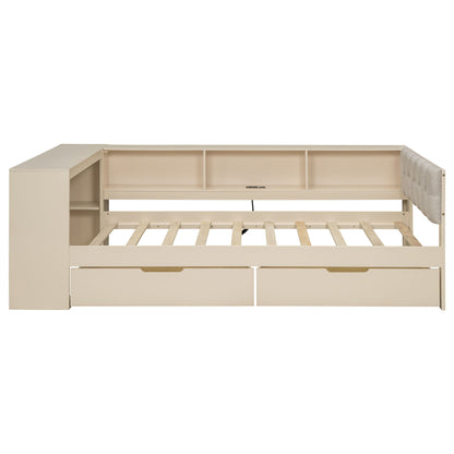 Upholstered Headboard Platform Bed With Storage Shelves, Drawers, Charging Station