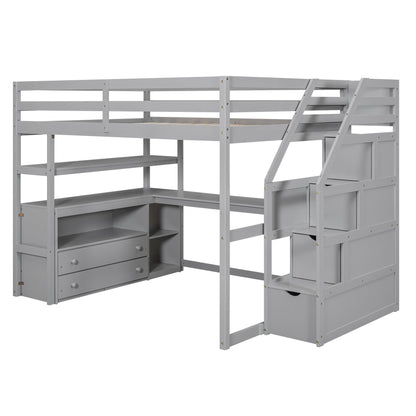 Loft Bed With Desk, Shelves, 2 Drawers, Storage Staircase