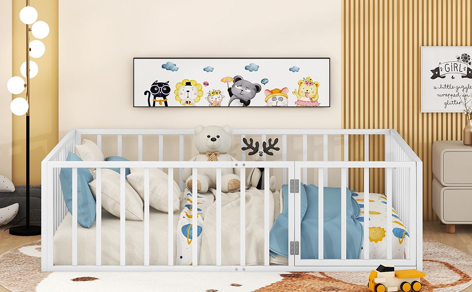 Metal Floor Bed Frame With Fence And Door