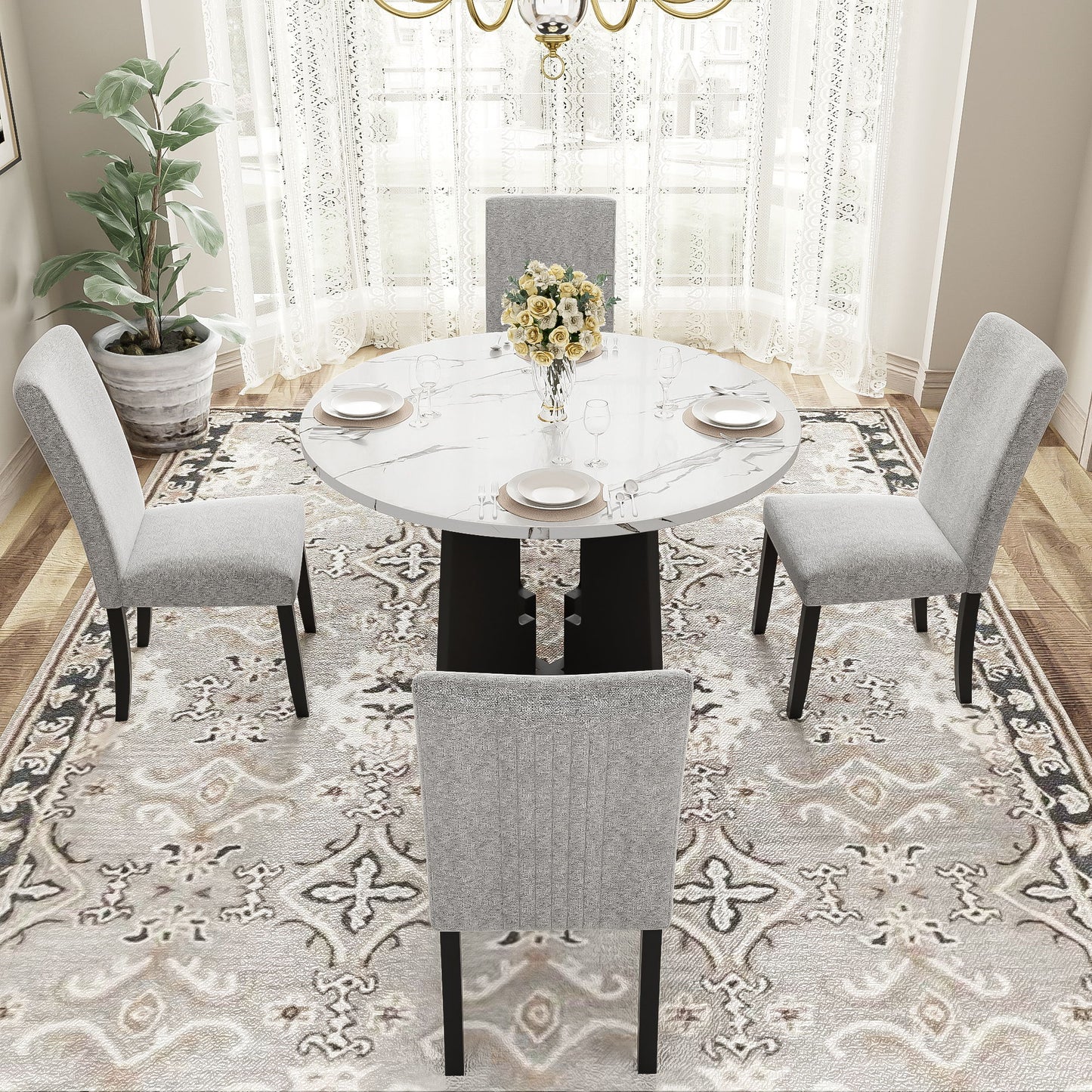 5 Piece Round Dining Table Set, Dining Table And 4 Upholstered Chairs For Dining Room, Kitchen Room, Living Room - White / Gray