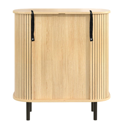 Fluted Wine Bar Cabinet With 8 Grid Wine Rack, 5 Level Adjustable Shelves, 2 Glass Holders