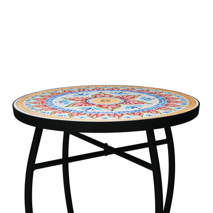 Outdoor Round Side Table With Mosaic Style Top And Curved Iron Legs