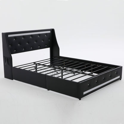 Wingback Upholstered Bed Frame With LED Lights, Charging Station