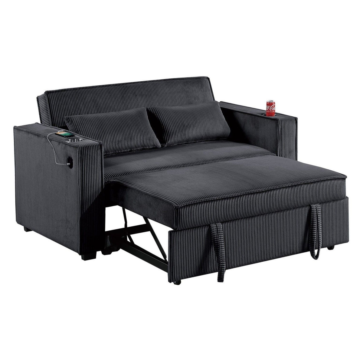 Modern Style Convertible Sofa With Pull-Out Bed, USB Ports & Cup Holders