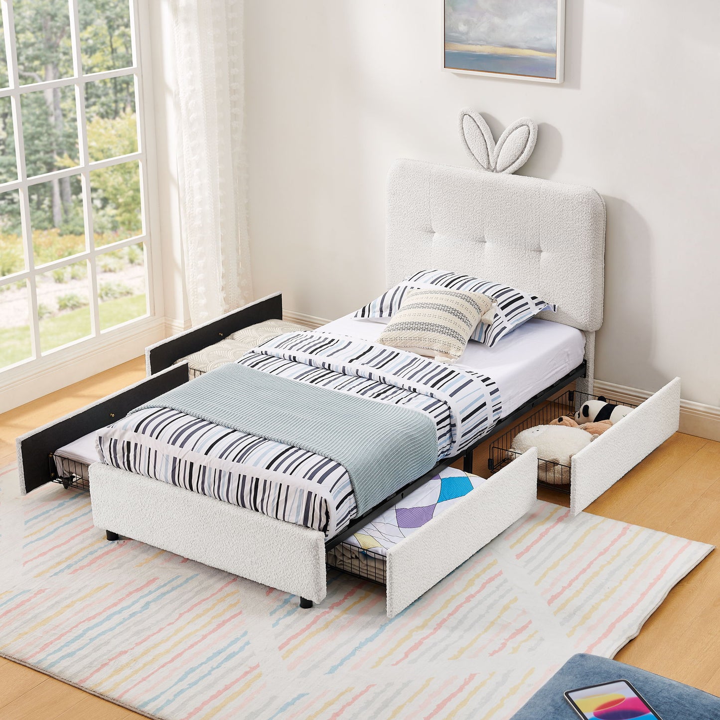 Upholstered Bed With Oversized Rabbit Ear Headboard, LED Lights & 4 Storage Drawers