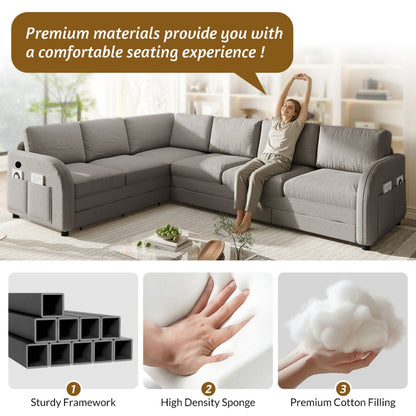 L-Shaped Couch With Pull-Out Bed, Convertible Sleeper Sofa With Side Pocket & USB Port