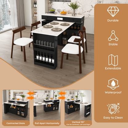 Retro Kitchen Island Set With Chairs, Extendable & Rotating Table, 4 Drawers & Door Cabinets
