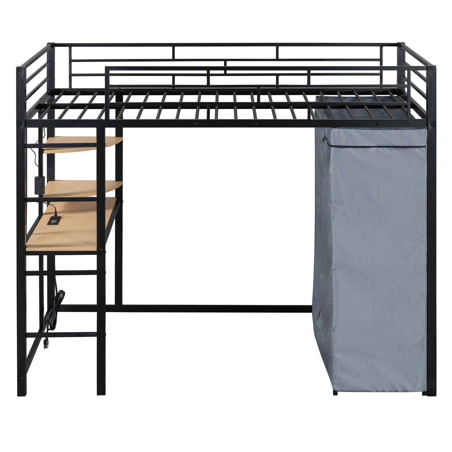 Loft Bed With Desk, Shelves, Power Outlet, LED Light And Wardrobe