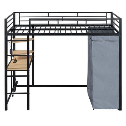 Loft Bed With Desk, Shelves, Power Outlet, LED Light And Wardrobe