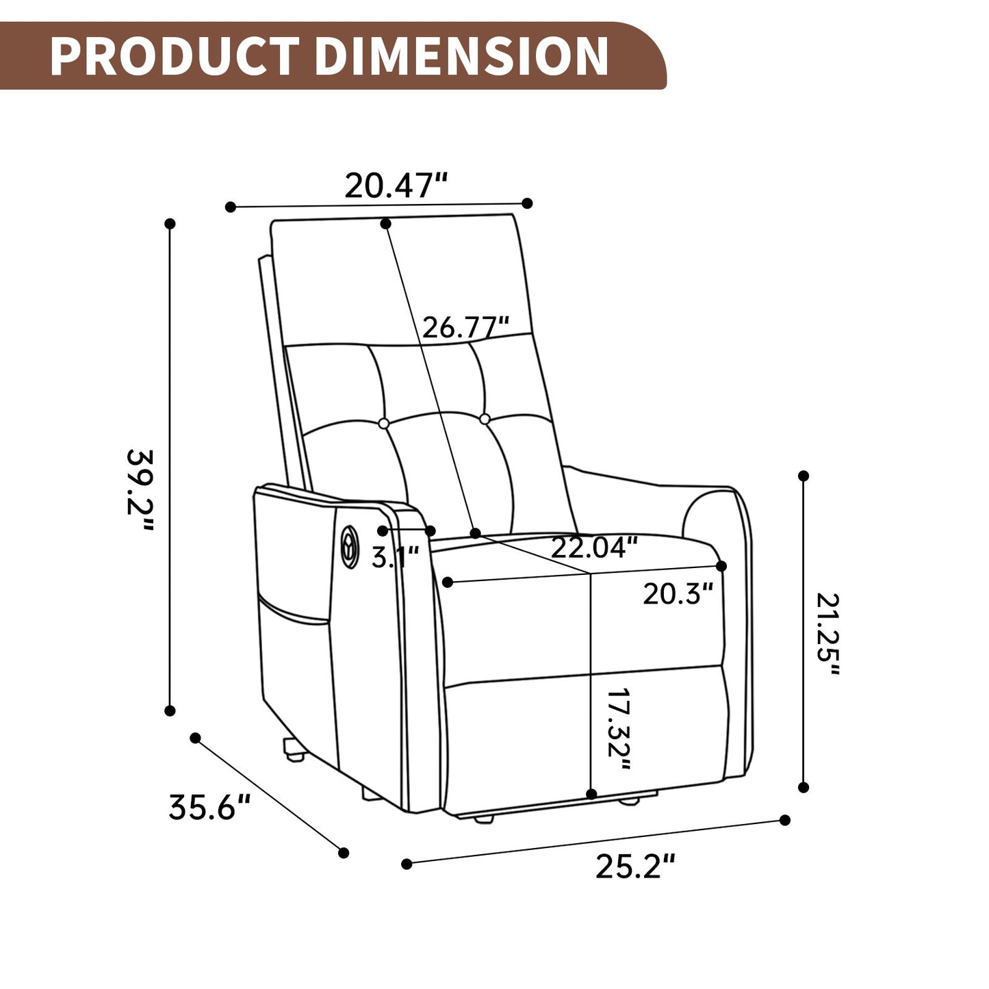 Single Motor Power Lift Recliner Chair With Massage And Heat, USB For Charging - Brown