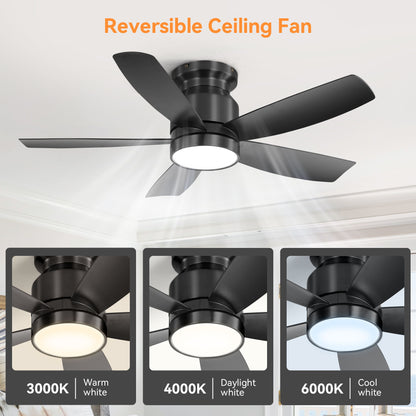 Flush Mount Ceiling Fan With 18W LED Light And Remote Control Blades - Black