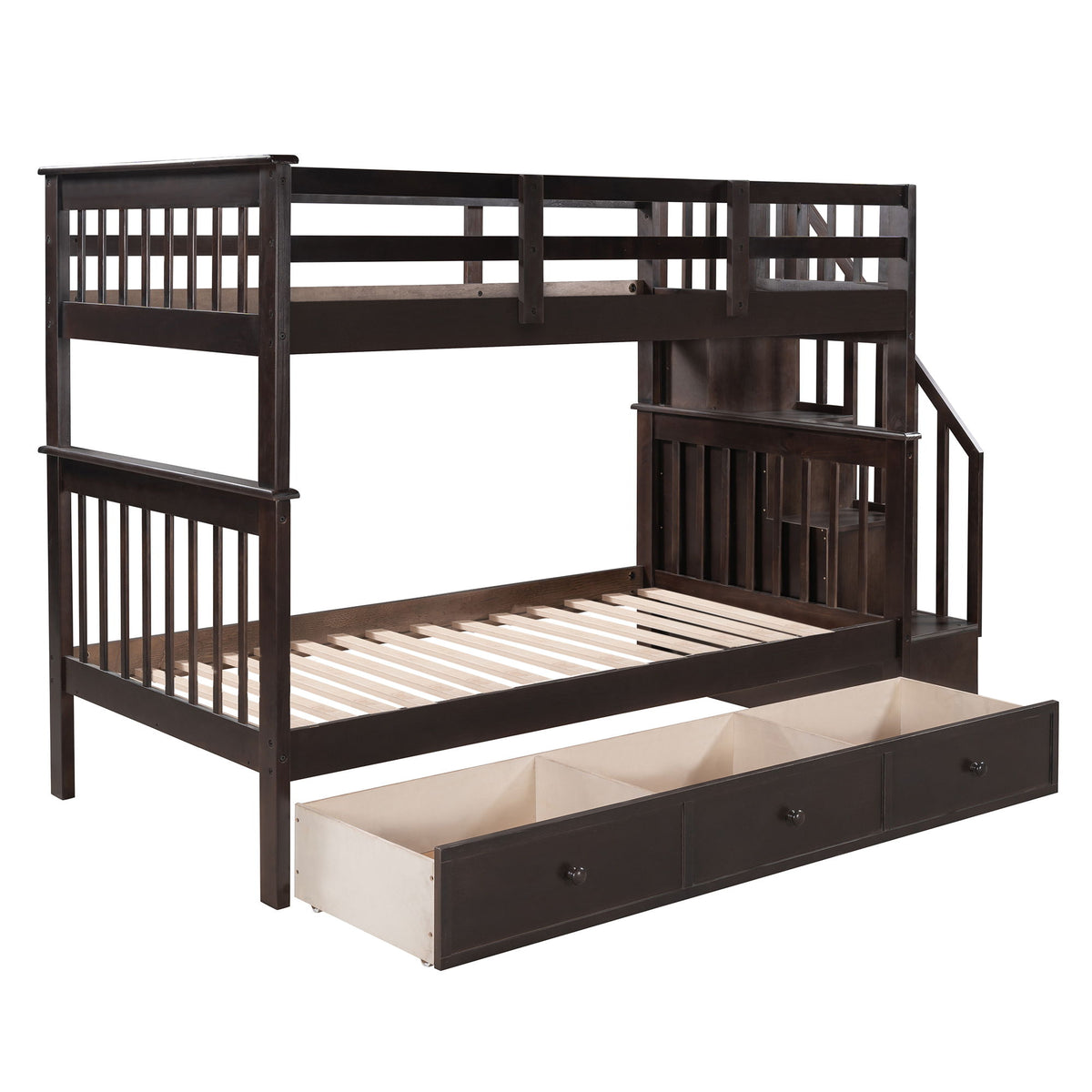 Stairway Bunk Bed With Storage And Guard Rail For Bedroom