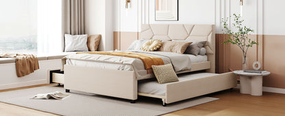 Upholstered Platform Bed With Brick Pattern Headboard And Twin Long Size Trundle
