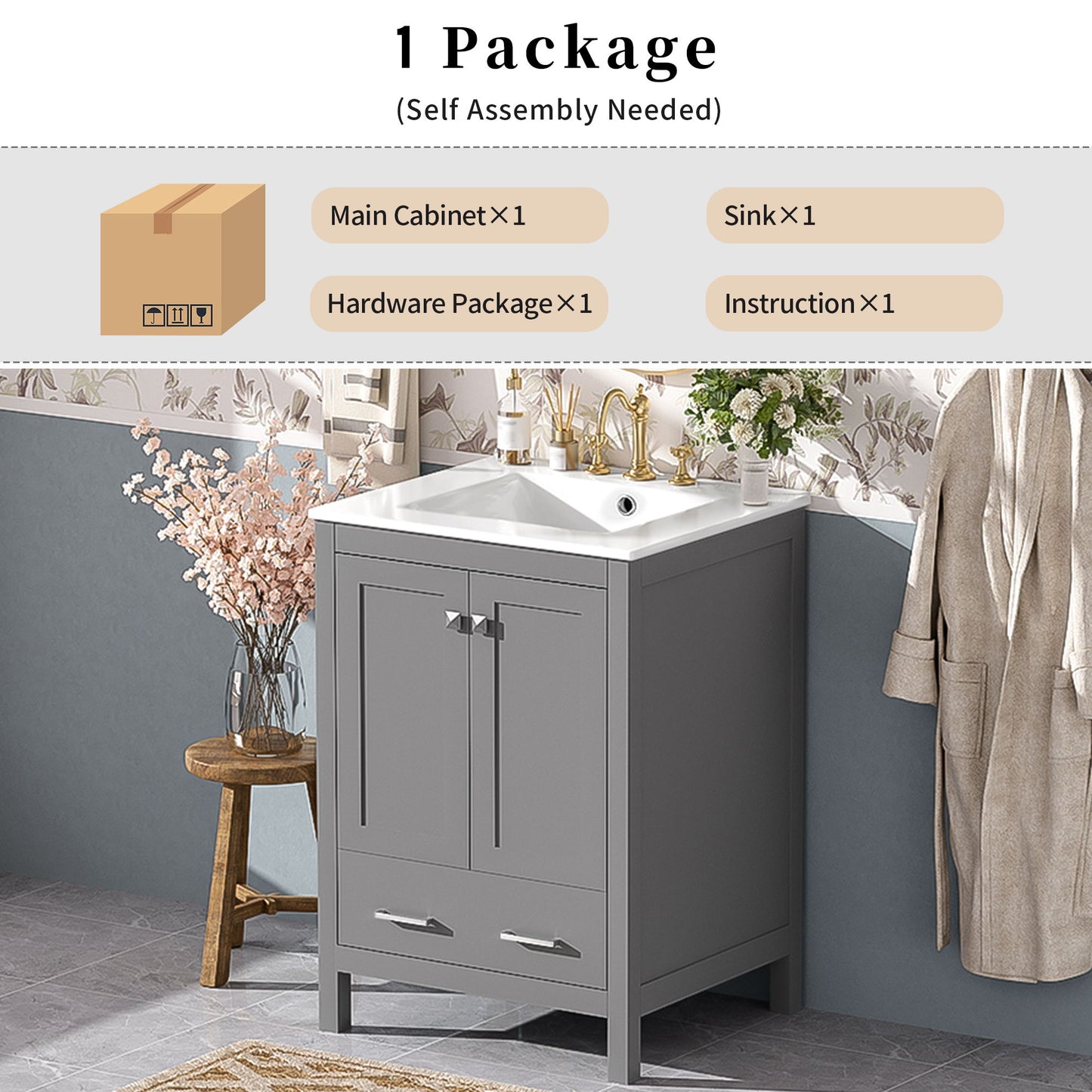 Bathroom Vanity With Integrated Undermount Ceramic Sink, 2 Doors And 1 Drawer, Soft Close Hinges