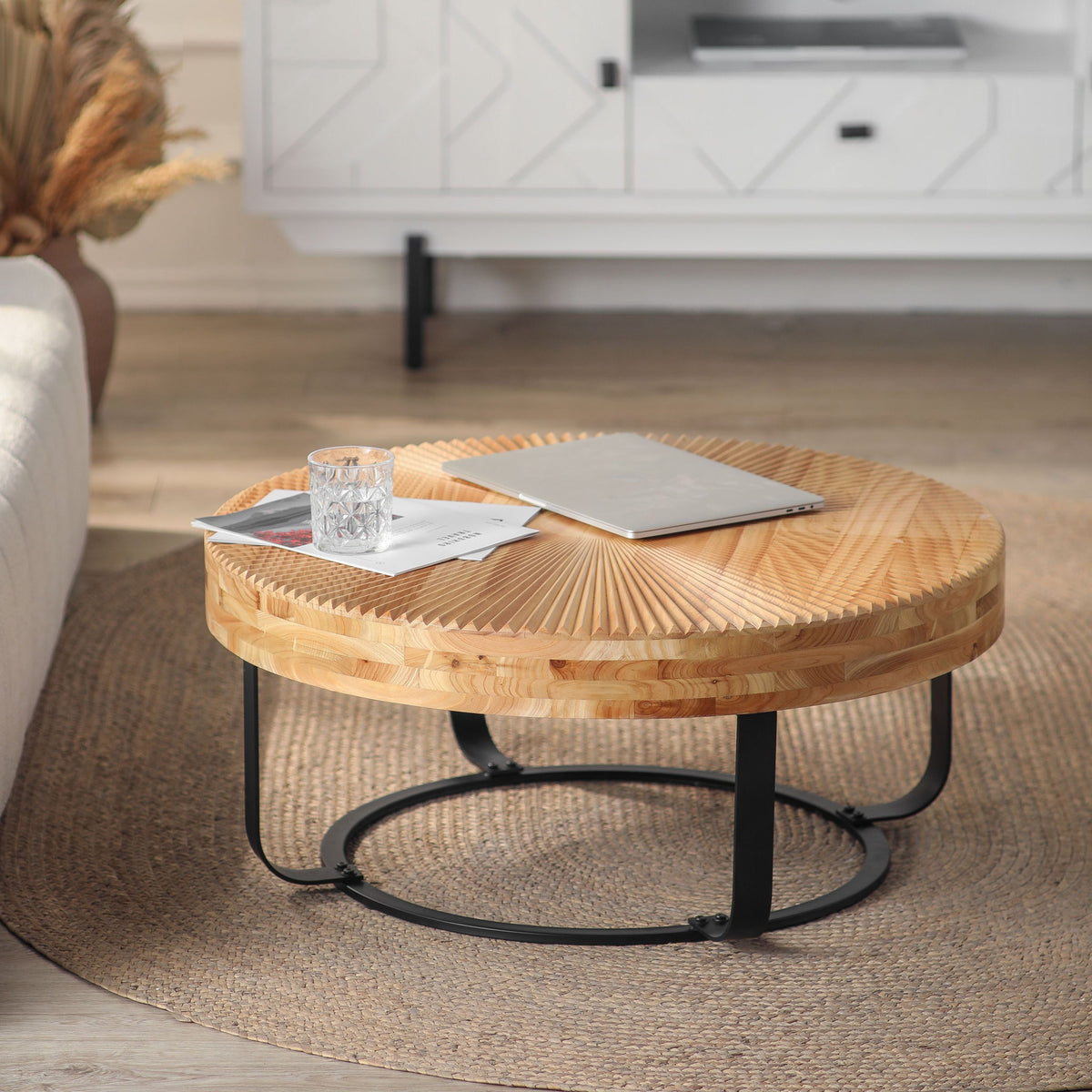 Modern Round Coffee Table With Wooden Carving Pattern