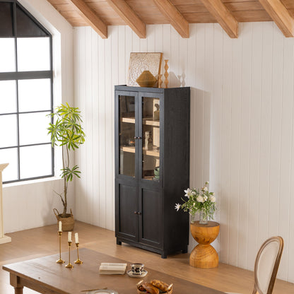 Style Tall Display Cabinet With Glass Doors For Collectibles - Black
