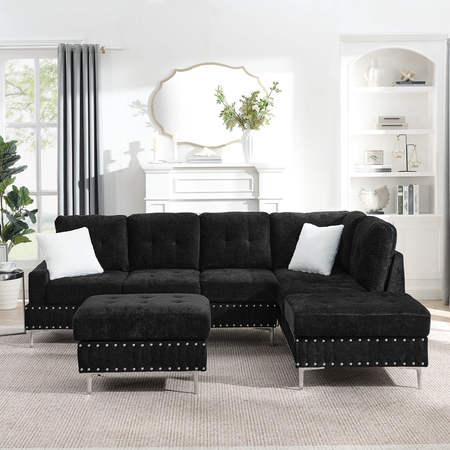 L-Shaped Sectional Sofa With Chaise And Storage Ottoman, Includes 2 Pillows