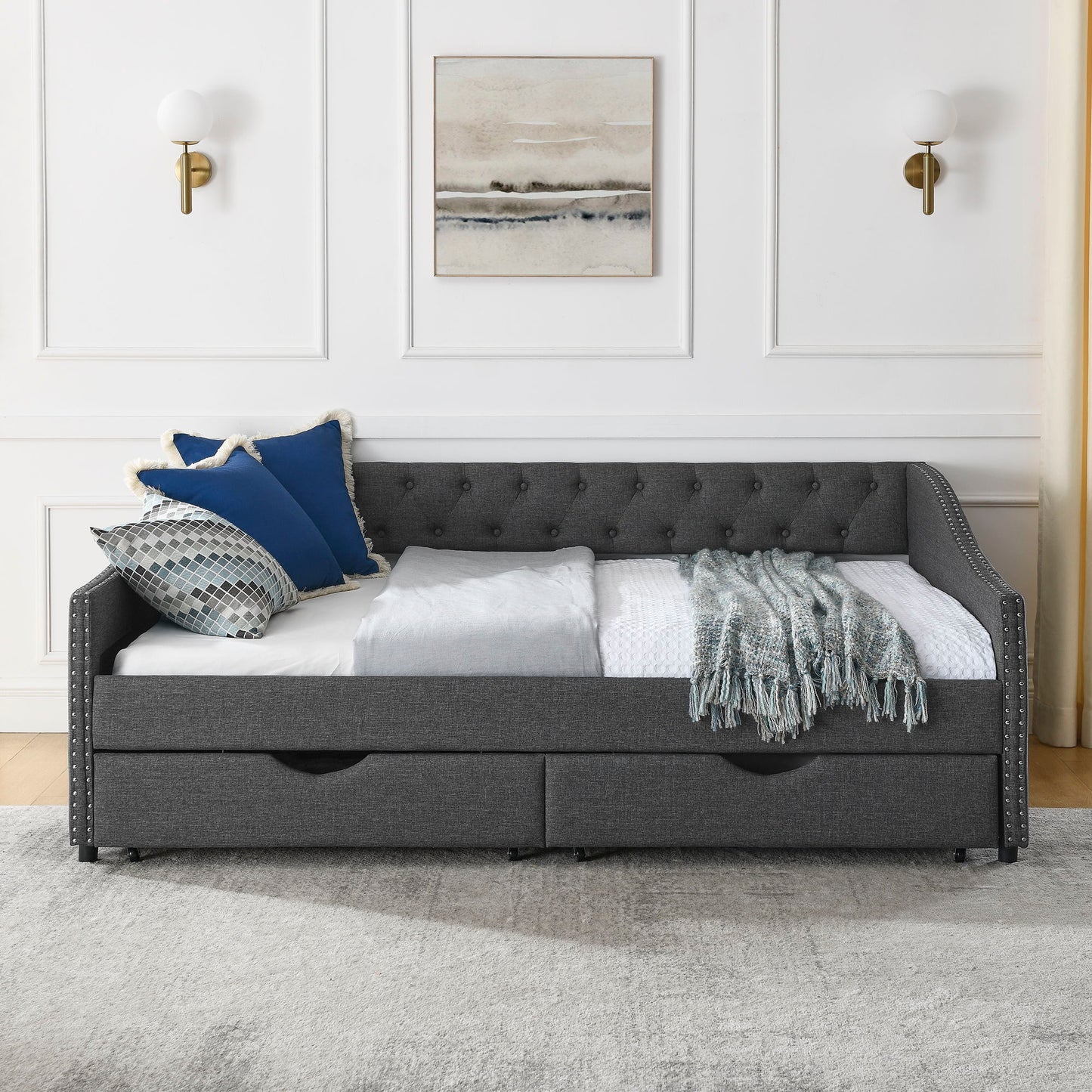 Upholstered Tufted Daybed With Drawers, Waved Arms