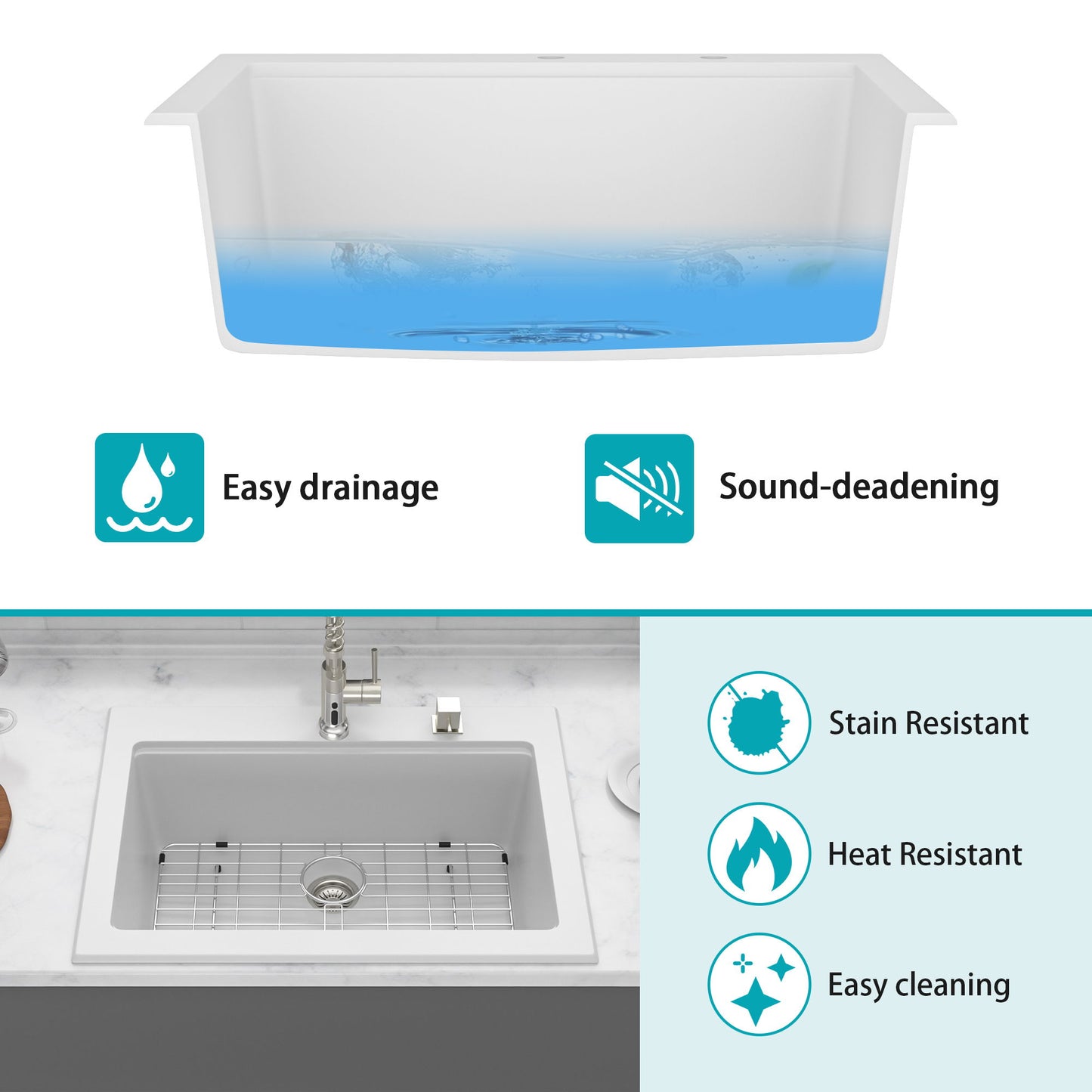 Quartz Kitchen Sink 30" X 22" Granite Composite Workstation Drop In Sink - White
