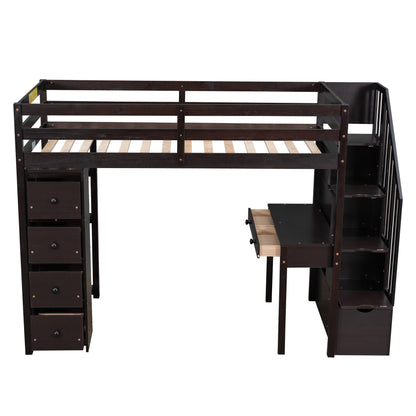 Loft Bed With Storage Drawers, Desk And Stairs With Shelves