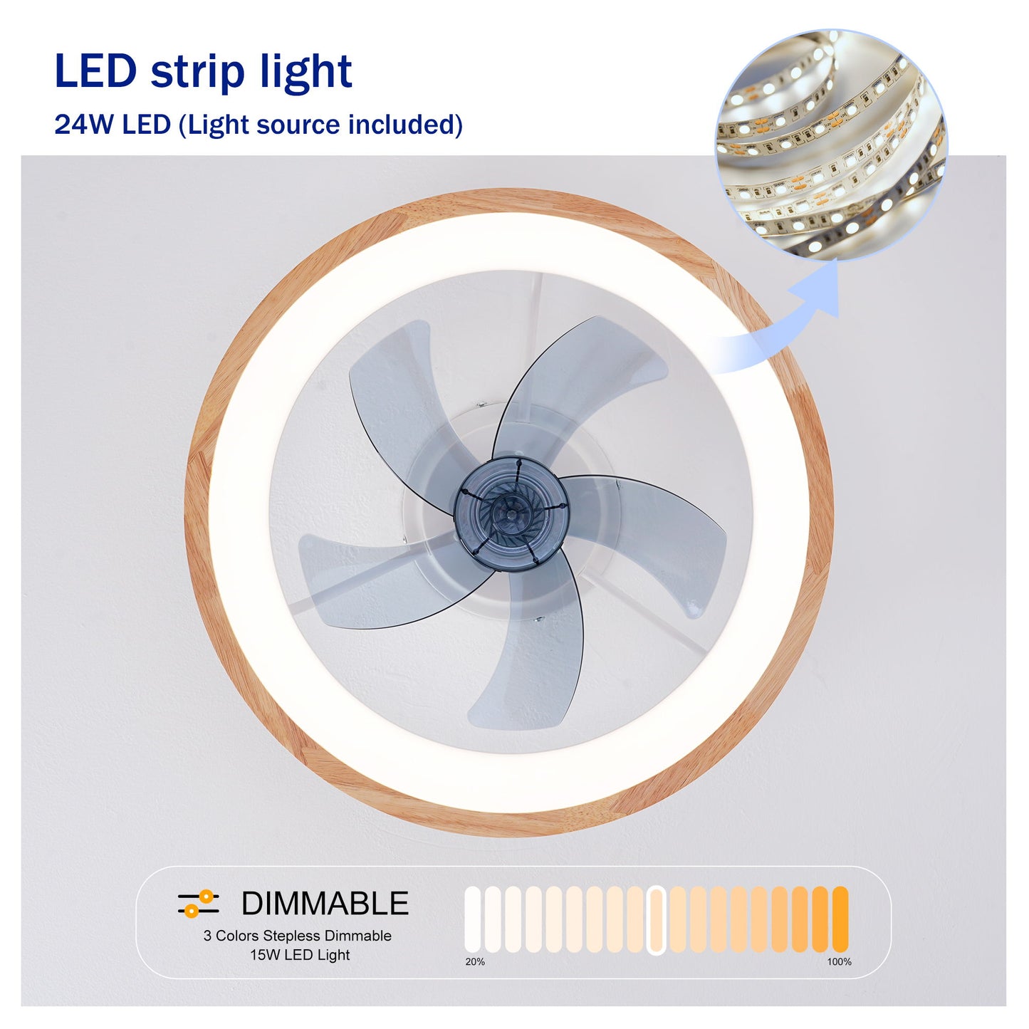 Ceiling Fans With LED Light Source And Remote Control, 3000 - 6500K Dimmable, 6 Speeds, Quiet DC Motor For Living Room - Natural Wood / White