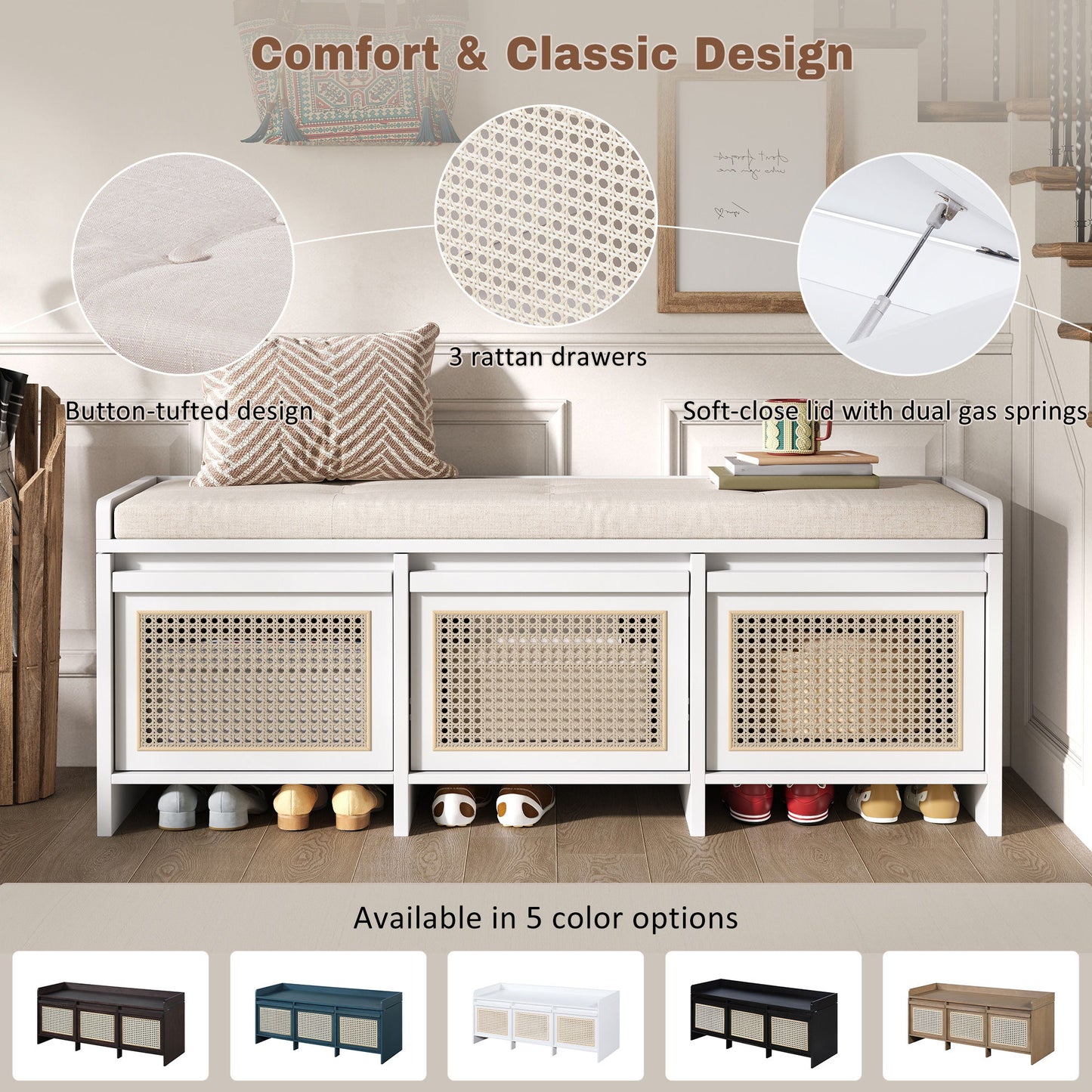 Entryway Shoe Bench With Drawers & Button Tufted Cushion