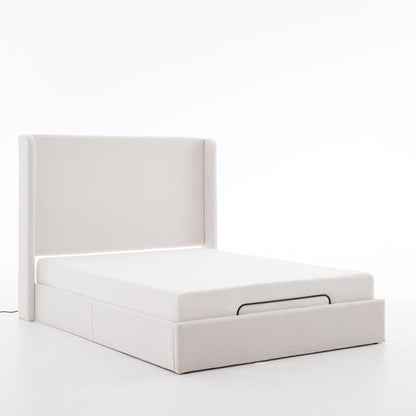 Caron - Queen Size Upholstered Wingback Bed With Adjustable Base Bundle Set - Ivory