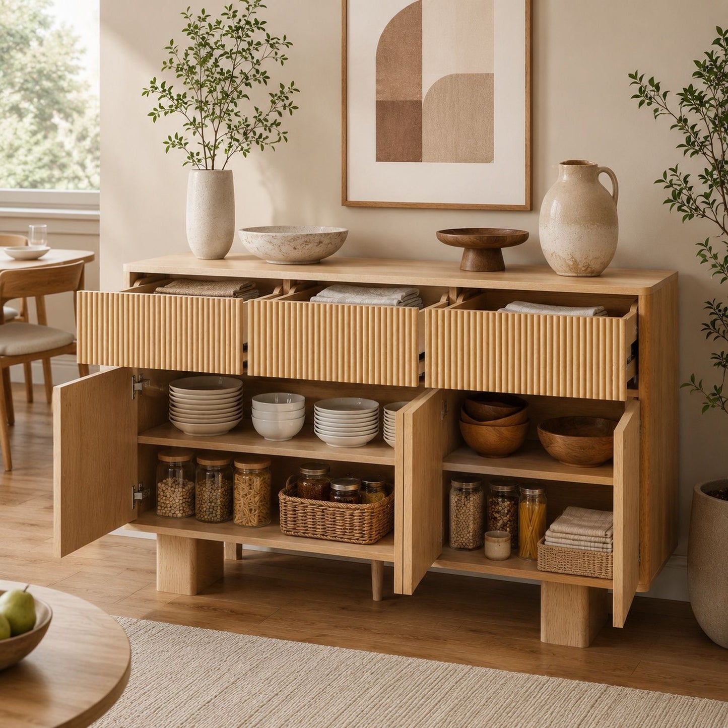 Curved Credenza, Wide Storage Cabinet For Dining Room