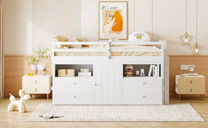 Loft Bed With 4 Drawers, Underneath Cabinet And Shelves
