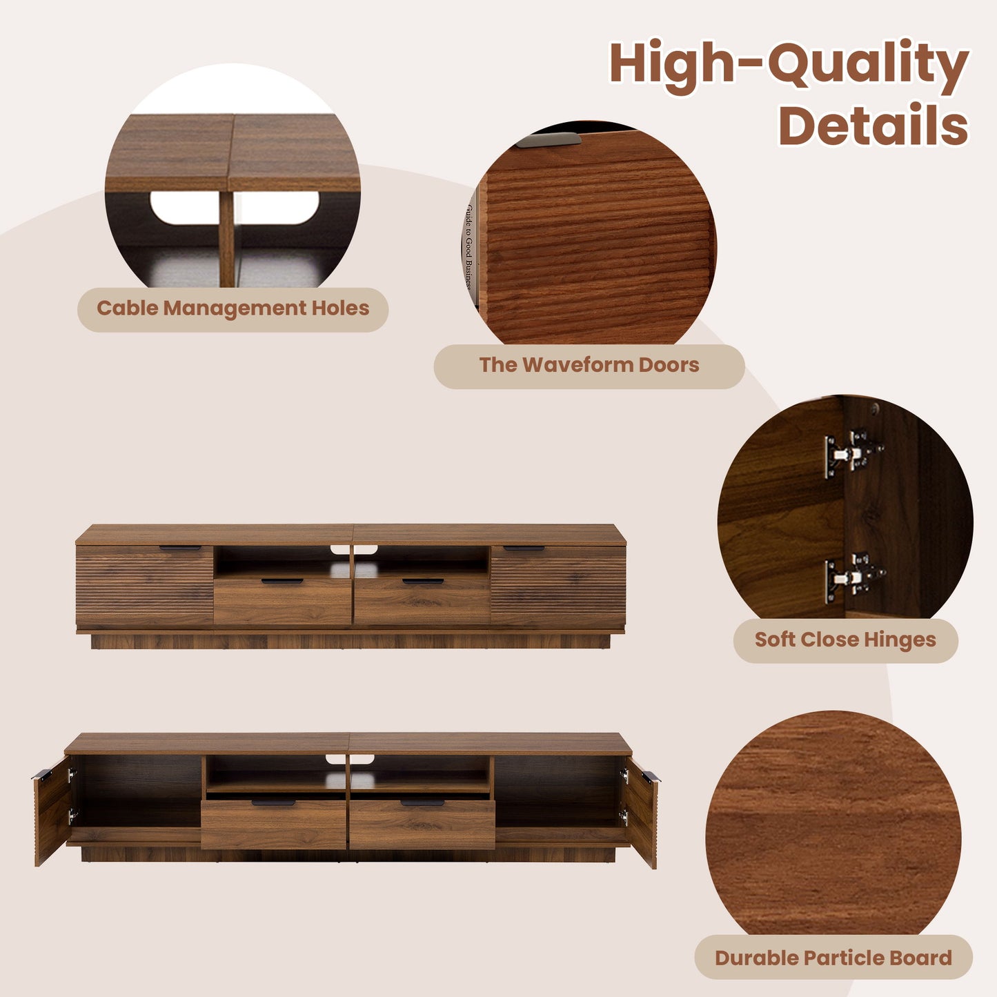 TV Stand, Entertainment Center With Deep Drawers, Cable Management & Soft Closing Hinges