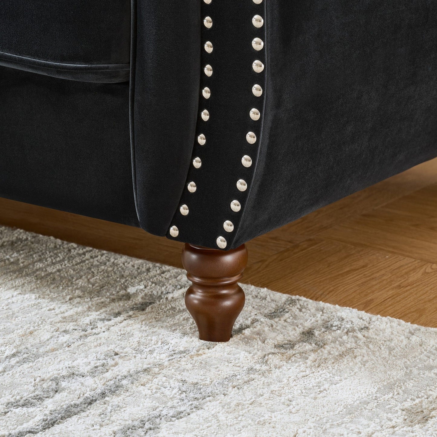 Chesterfield Upholstery Fabric Sofa With Roll Armrest & Nailhead, Mid Century Modern 3 And 3 Seater Couch
