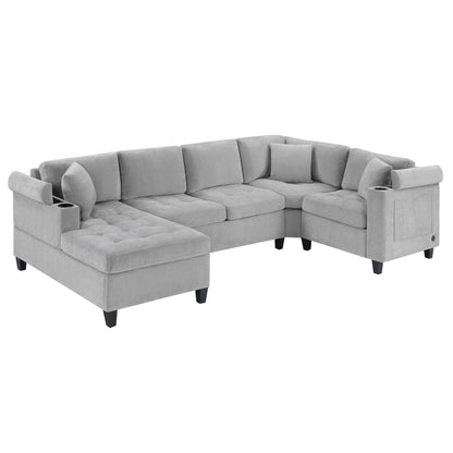 U Shaped Sectional Sofa, Corner Living Room Couch With Built In Cup Holders, Storage, USB Ports
