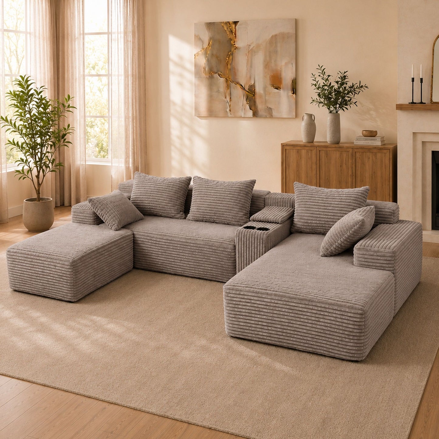 U-Shaped Modular Sofa With Cup Holders And Storage For Living Rooms - Coffee