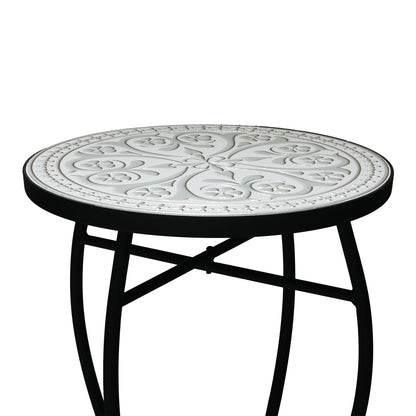 Outdoor Round Side Table With Mosaic Style Top And Curved Iron Legs