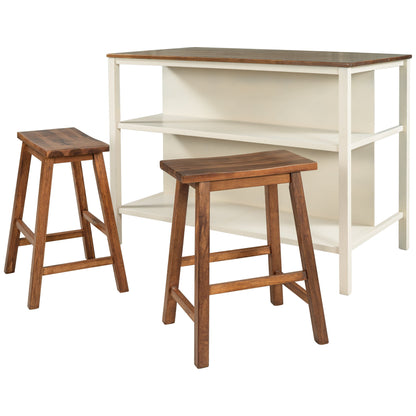 Rustic 3 Piece Stationary Kitchen Island Set With 2 Seatings, With 2 Open Shelves