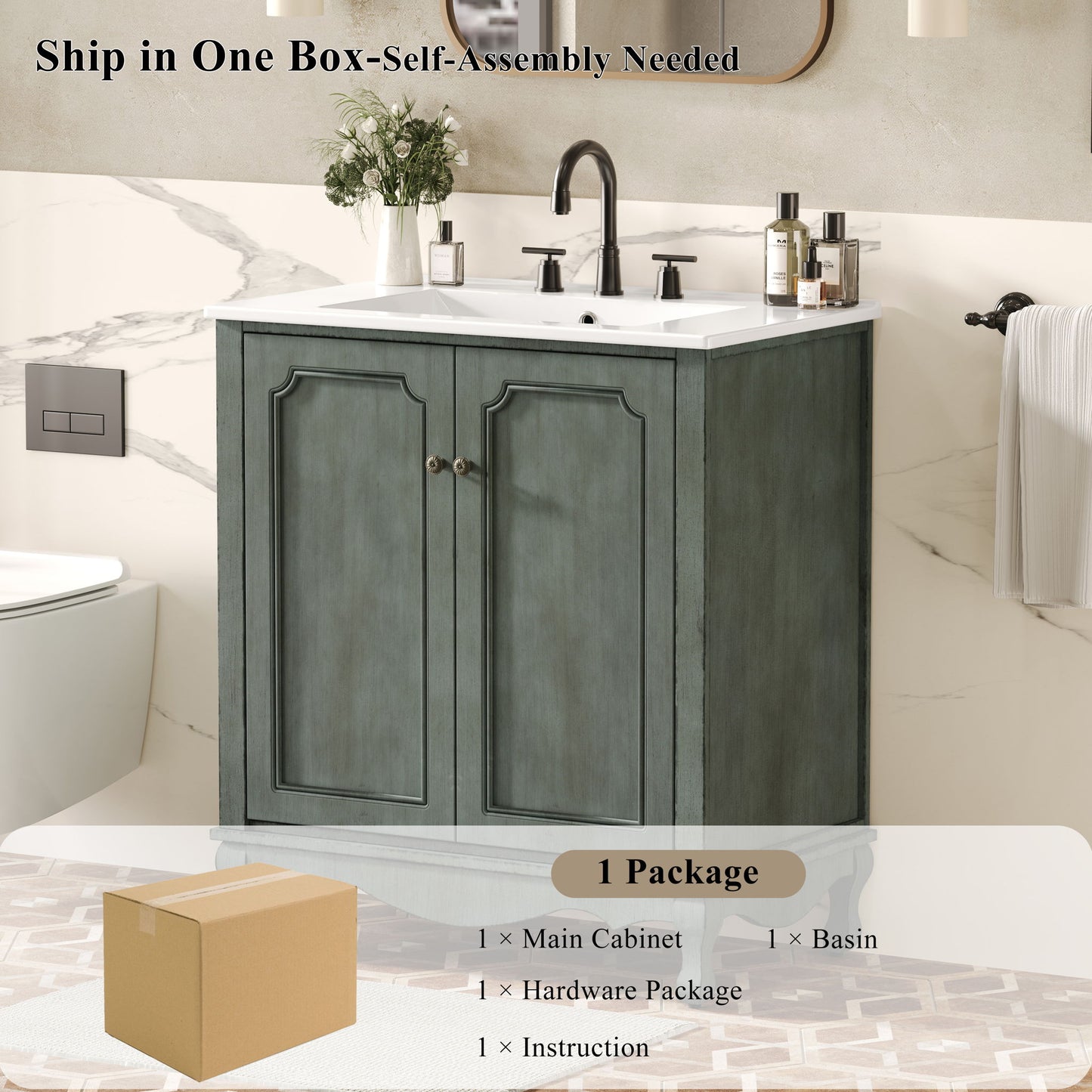 Vintage Bathroom Vanity With Ceramic Sink, Adjustable Shelves