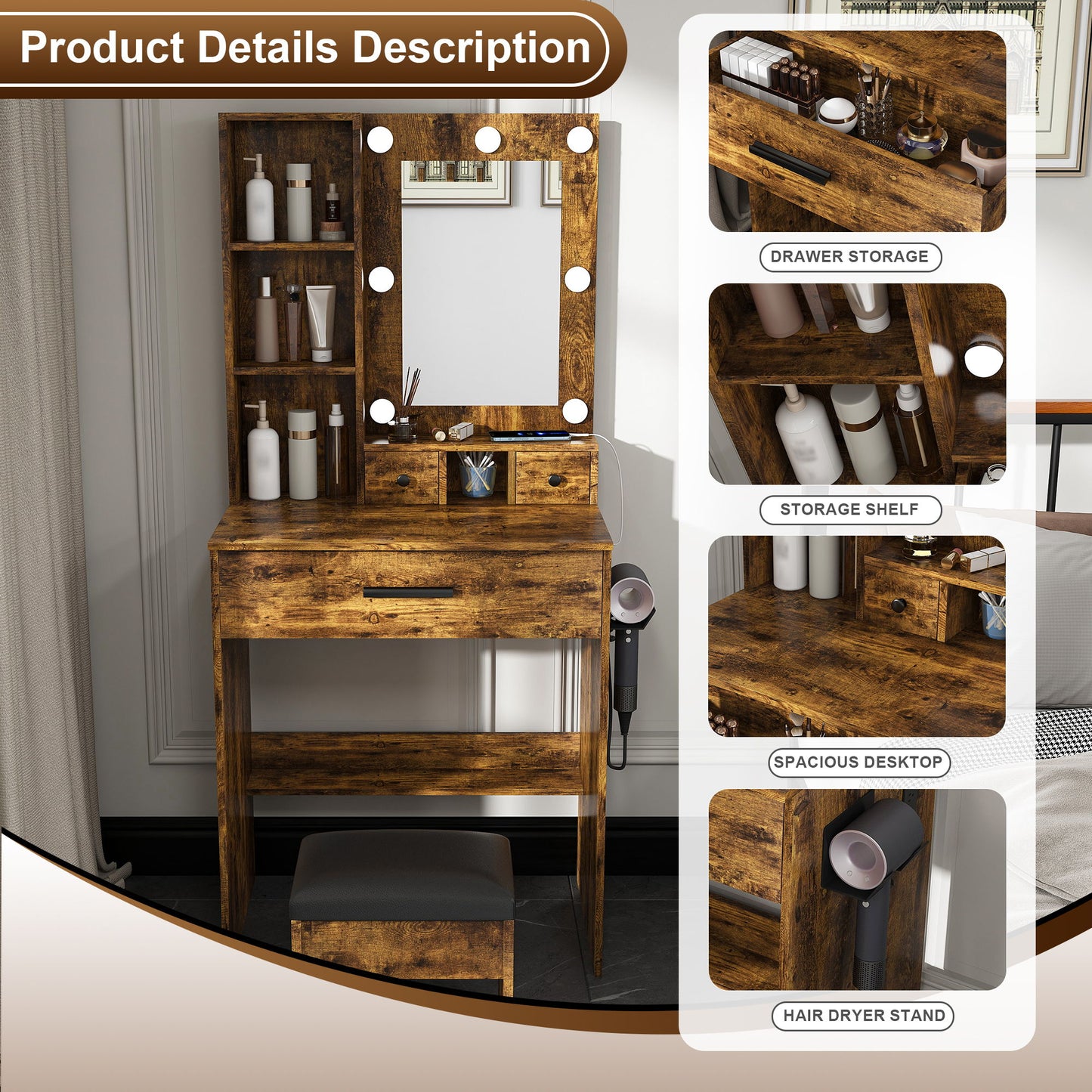 Vanity Table With Mirror, Adjustable LED Lights, Power Outlet, Hairdryer Holder & Stool