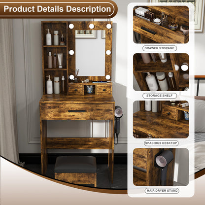 Vanity Table With Mirror, Adjustable LED Lights, Power Outlet, Hairdryer Holder & Stool