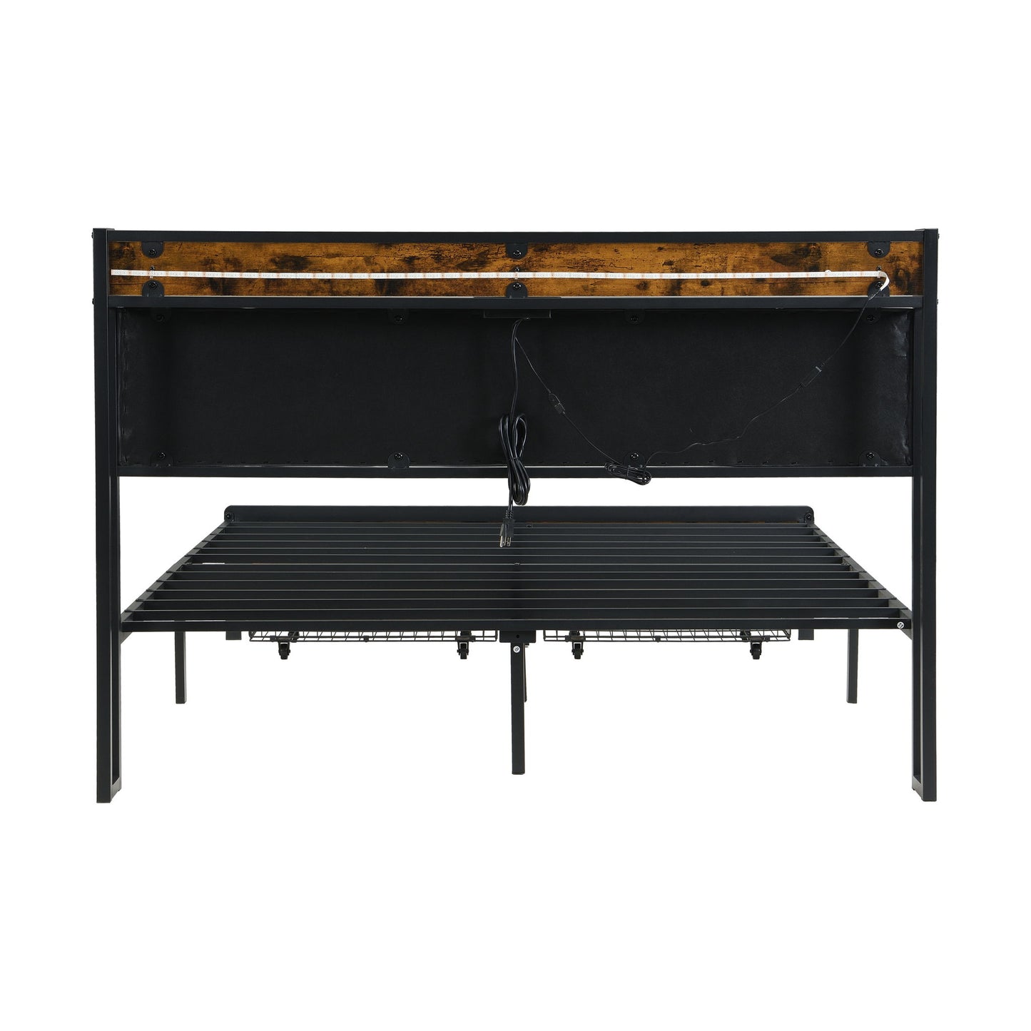 Modern Bed Frame With LED Lights, Upholstered Headboard, USB Charging