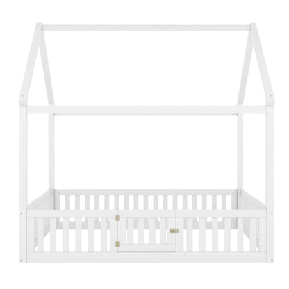 Wood House Bed With Fence And Door