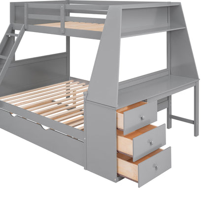 Bunk Bed With Trundle And Built In Desk, 3 Storage Drawers And Shelf