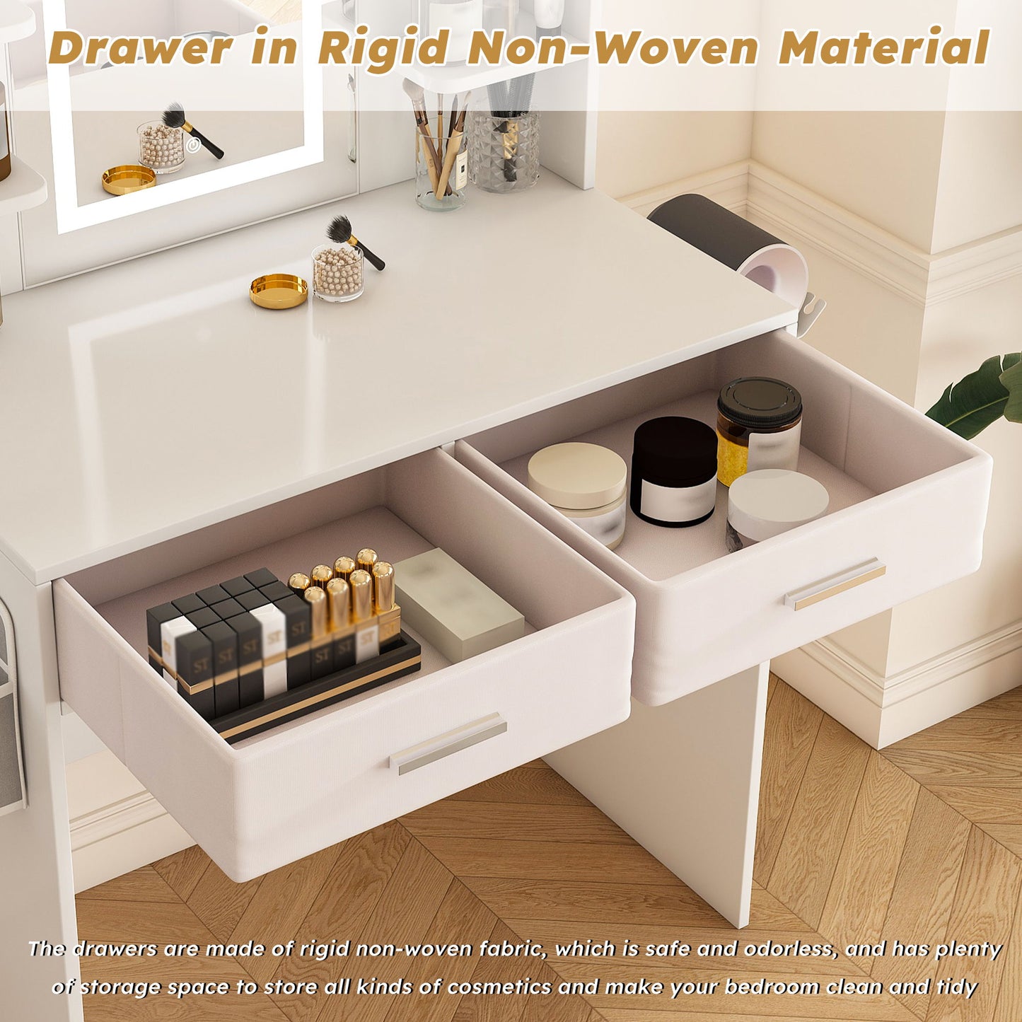 Elegant LED Mirror Vanity Dressing Table With Adjustable Lights, Drawers & Storage - White
