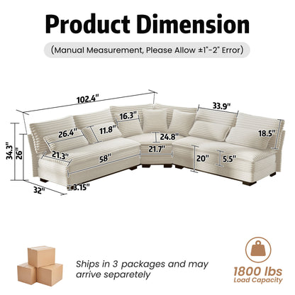 5 Seater L Shaped Sectional Sofa With Curved Corner, 7 Pillows