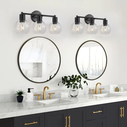 3 Light Globe Bathroom Vanity Light With Clear Glass Shades - Black